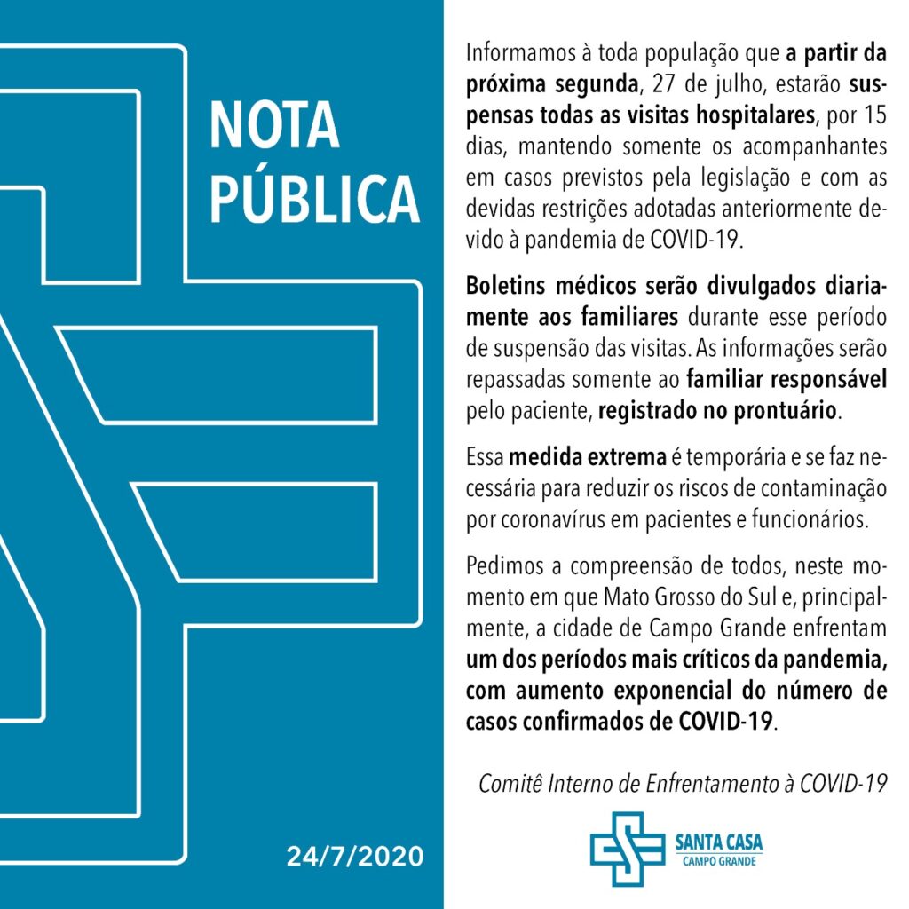 Santa Casa suspende visitas por 15 em Campo Grande
