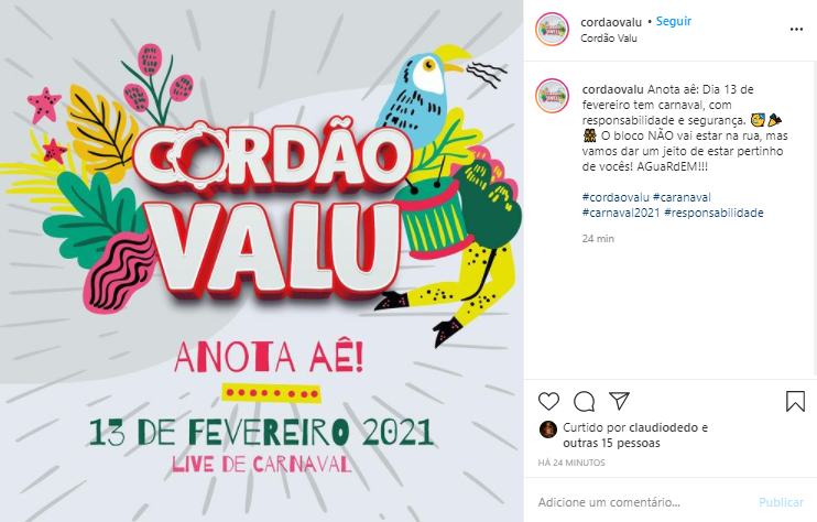 Cordão Valu terá Carnaval virtual pelas redes sociais