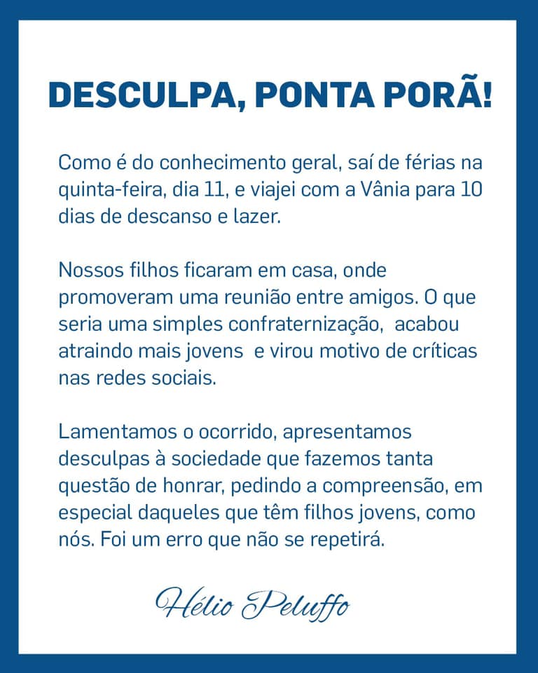 Após festinha dos filhos, prefeito de Ponta Porã pede desculpas por aglomeração