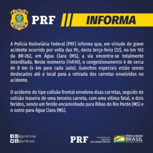 BR-262 registra 8 km de congestionamento após acidente entre carretas