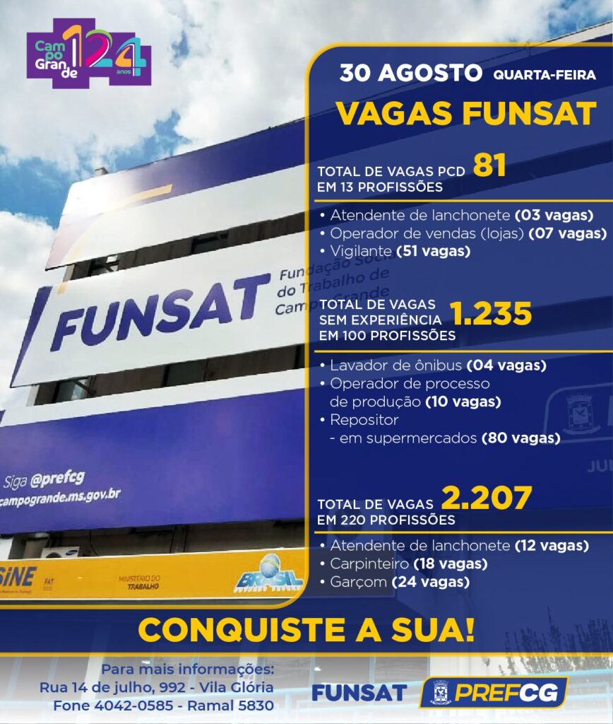 Funsat anuncia 2.207 vagas de emprego em 220 funções nesta quarta-feira 