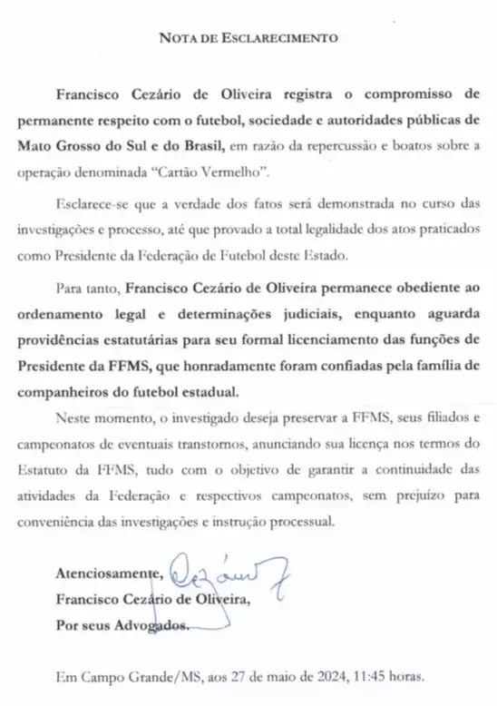 Alegando inocência, Francisco Cezário não vai renunciar ao cargo de presidente da FFMS