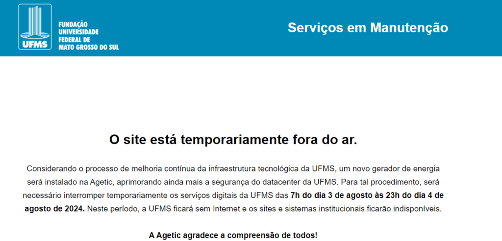 Troca de gerador interrompe site da UFMS e deixa campus sem internet