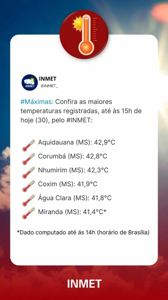 Com mais de 41ºC, cidades de MS ficam entre as mais quentes do País no início da nova onda de calor