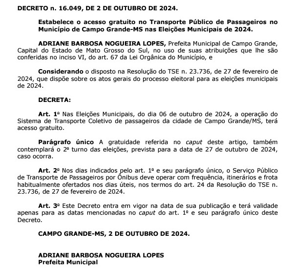 Campo Grande terá transporte público gratuito nas eleições deste domingo