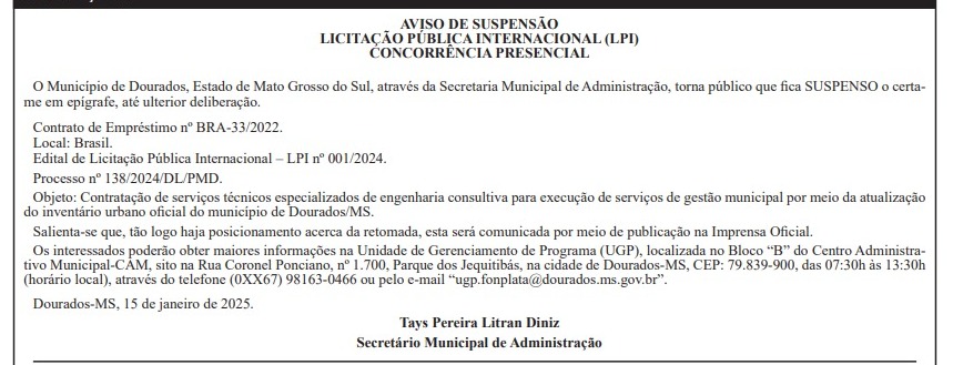 Licitação para construção da Via Parque do Córrego Paragem é suspensa pela Prefeitura de Dourados