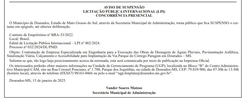 Licitação para construção da Via Parque do Córrego Paragem é suspensa pela Prefeitura de Dourados