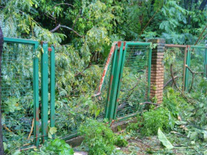 Cerca que foi atingida pela árvores ficou quebrada, no lado do parque que da acesso a Avenida Ernesto Geisel. (Foto: Ricardo Campos Jr.)